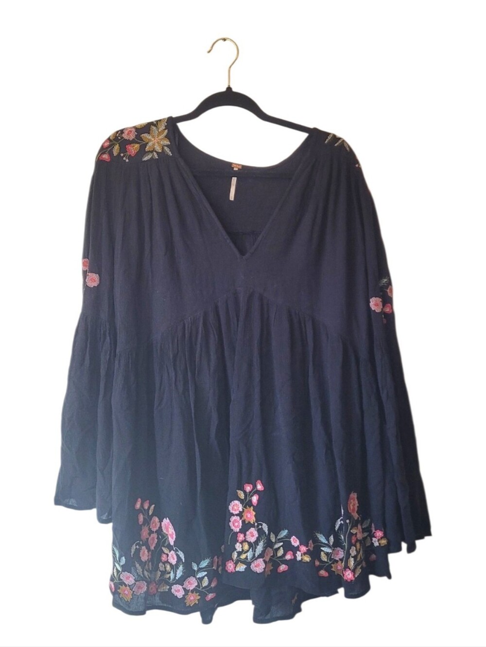 Free People Te Amo Black Tiered V-Neck Mini Dress with Pink Floral Embroidery XS